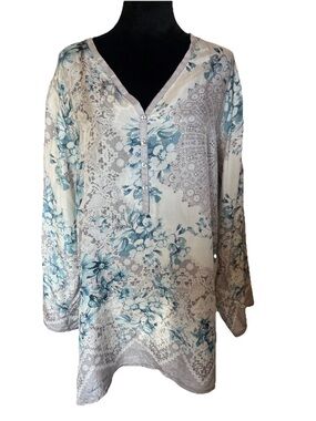 Johnny Was SZ L Blue Gray Floral V-Neck Silk Tunic Blouse